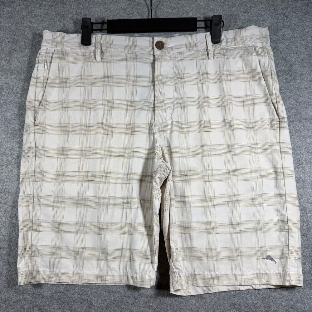 Tommy Bahama Golf Shorts Mens 36 Cream Plaid Flat Front Preppy Zip Pockets